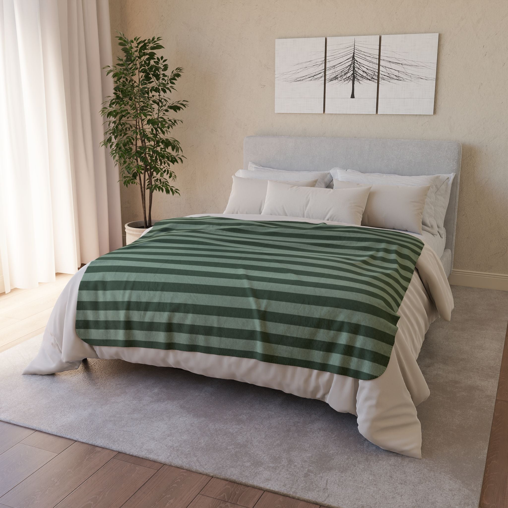Green Striped Fleece Sherpa Blanket — Cozy Plush Throw for Home & Gifts