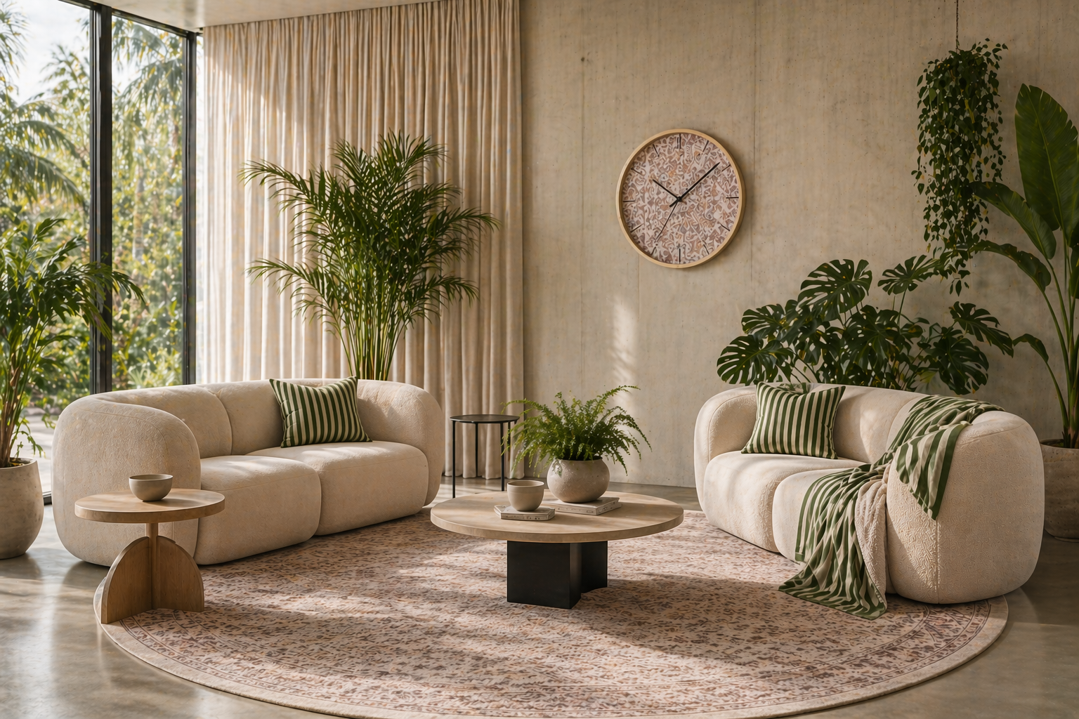 Modern living room with beige sofas, round coffee table, and decorative plants.